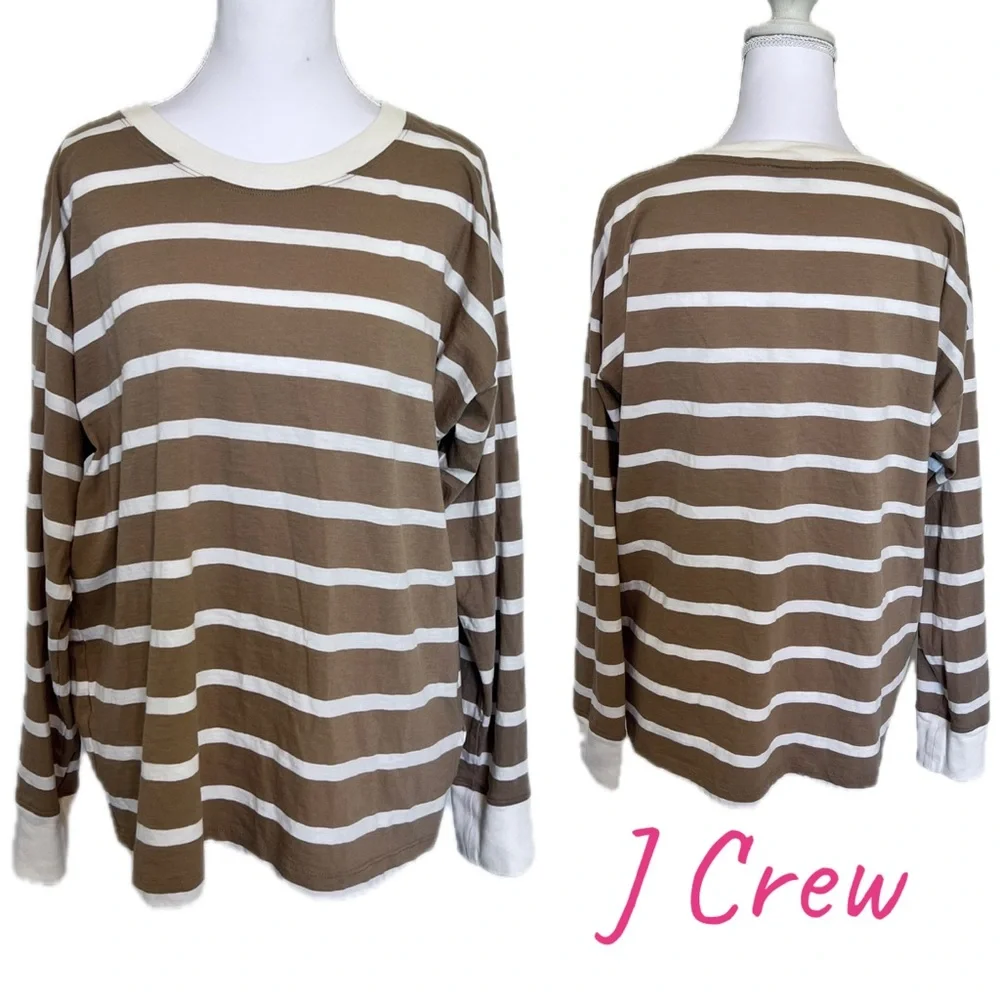 J. Crew Tan and Cream Striped Long Sleeve Lightweight Cotton Tee Sz Large